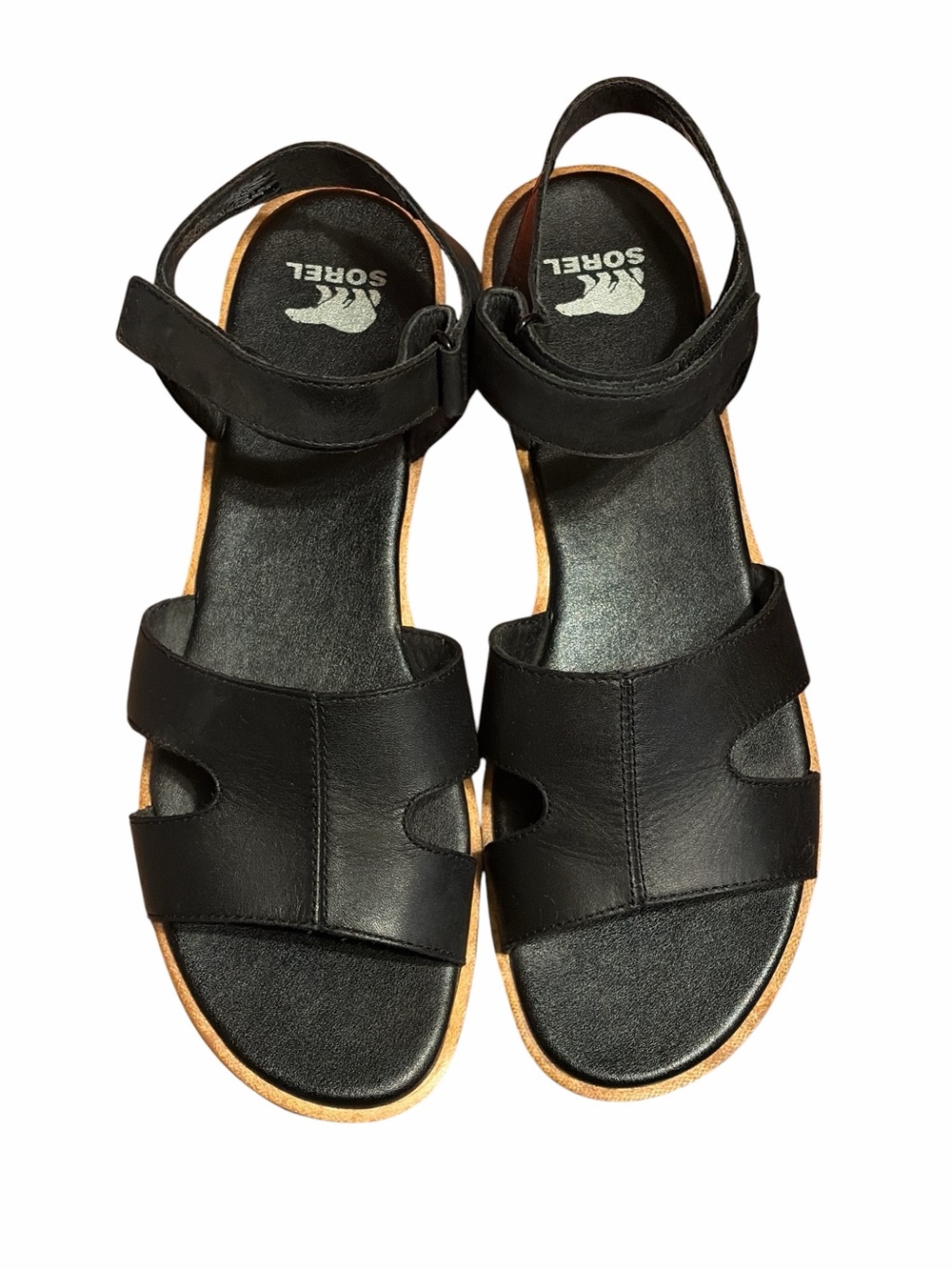 Sorel Black Leather Open-Toe Sandals with Tan Footbed - Picture 7 of 7